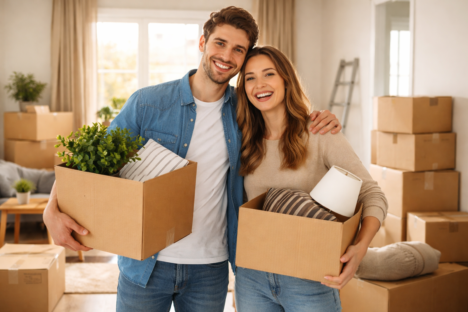 Happy couple moving into their new home